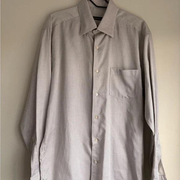 Ermenegildo Zegna Men’s Dress Shirt Size L White Brown Check 100% Cotton Italy - Picture 1 of 8